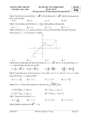 Đề thi thử Tốt nghiệp THPT môn Toán - Mã đề 546 - Năm học 2021-2022 - Trường THPT Thủ Đức (Có đáp án)