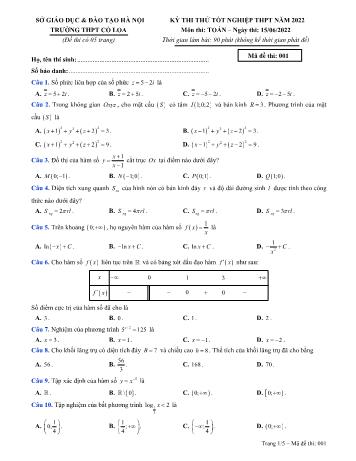 Đề thi thử Tốt nghiệp THPT môn Toán năm 2022 - Mã đề 001 - Trường THPT Cổ Loa