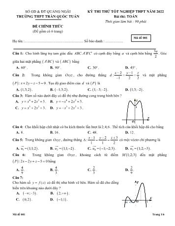 Đề thi thử Tốt nghiệp THPT môn Toán năm 2022 - Mã đề 001 - Trường THPT Trần Quốc Tuấn (Có đáp án)