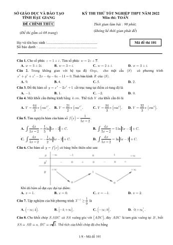 Đề thi thử Tốt nghiệp THPT môn Toán năm 2022 - Mã đề 101 - Sở GD và ĐT Hậu Giang (Có đáp án)