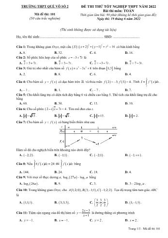 Đề thi thử Tốt nghiệp THPT môn Toán năm 2022 - Mã đề 101 - Trường THPT Quế Võ số 2 (Có đáp án)