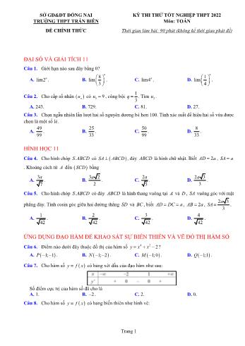 Đề thi thử Tốt nghiệp THPT môn Toán năm 2022 - Trường THPT Trần Biên (Có đáp án)