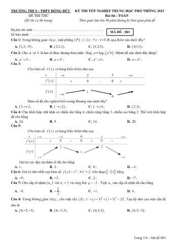 Đề thi thử Tốt nghiệp THPT môn Toán năm 2023 - Mã đề 001 - Trường THCS - THPT Hồng Đức (Có đáp án)