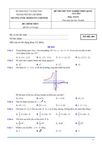 Đề thi thử Tốt nghiệp THPT môn Toán năm 2023 - Mã đề 001 - Trường PTDL Hermann Gmeiner (Có đáp án)