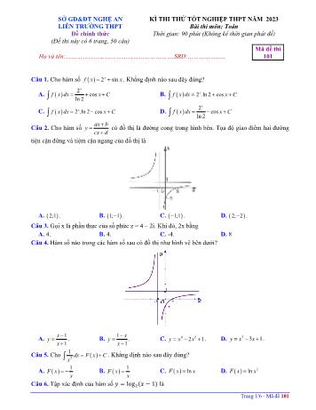 Đề thi thử Tốt nghiệp THPT môn Toán năm 2023 - Mã đề 101 - Liên trường THPT Nghệ An (Có đáp án)