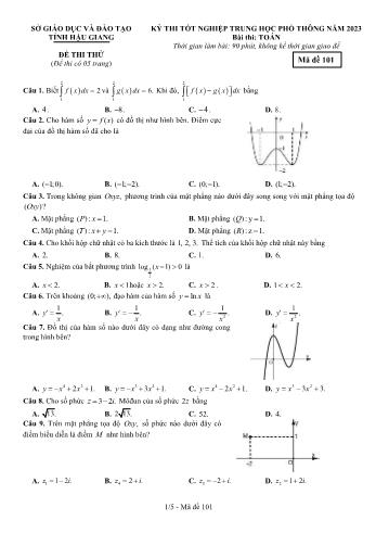 Đề thi thử Tốt nghiệp THPT môn Toán năm 2023 - Mã đề 101 - Sở GD và ĐT Hậu Giang (Có đáp án)