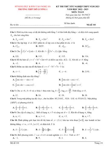 Đề thi thử Tốt nghiệp THPT môn Toán năm 2023 - Mã đề 101 - Trường THPT Đô Lương 1 (Có đáp án)