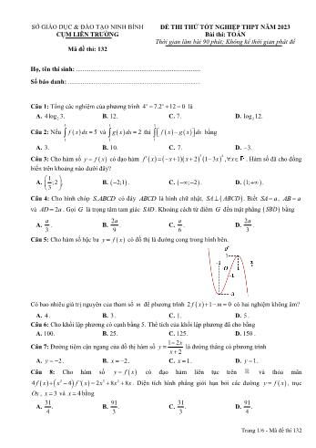 Đề thi thử Tốt nghiệp THPT môn Toán năm 2023 - Mã đề 132 - Cụm liên trường THPT Ninh Bình (Có đáp án)