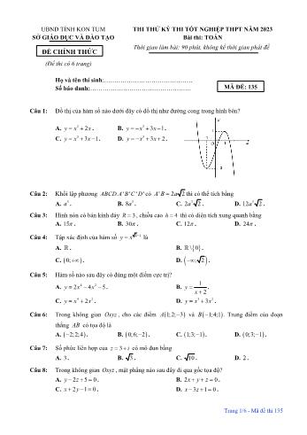 Đề thi thử Tốt nghiệp THPT môn Toán năm 2023 - Mã đề 135 - Sở GD và ĐT Kon Tum (Có đáp án)
