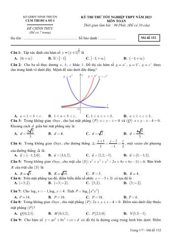 Đề thi thử Tốt nghiệp THPT môn Toán năm 2023 - Mã đề 152 - Phòng GD và ĐT Thuận Thành (Có đáp án)