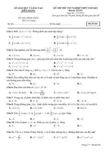 Đề thi thử Tốt nghiệp THPT môn Toán năm 2023 - Mã đề 443 - Sở GD và ĐT Kiên Giang (Có đáp án)