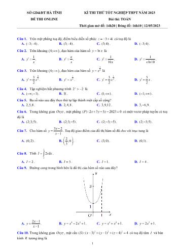 Đề thi thử Tốt nghiệp THPT môn Toán năm 2023 - Sở GD và ĐT Hà Tĩnh (Có đáp án)