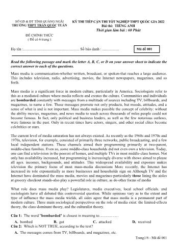 Đề thi tiếp cận Tốt nghiệp THPT môn Tiếng Anh năm 2022 - Mã đề 001 - Trường THPT Trần Quốc Tuấn (Có đáp án)
