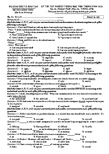 Đề thi Tốt nghiệp THPT môn Tiếng Anh năm 2023 - Mã đề 402 (Kèm đáp án)