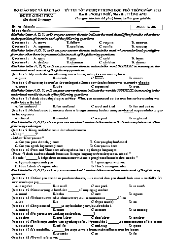 Đề thi Tốt nghiệp THPT môn Tiếng Anh năm 2023 - Mã đề 407 (Kèm đáp án)