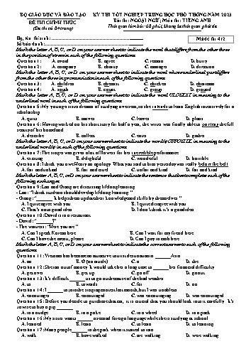 Đề thi Tốt nghiệp THPT môn Tiếng Anh năm 2023 - Mã đề 412 (Kèm đáp án)