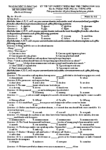 Đề thi Tốt nghiệp THPT môn Tiếng Anh năm 2023 - Mã đề 415 (Kèm đáp án)