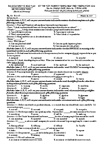 Đề thi Tốt nghiệp THPT môn Tiếng Anh năm 2023 - Mã đề 417 (Kèm đáp án)