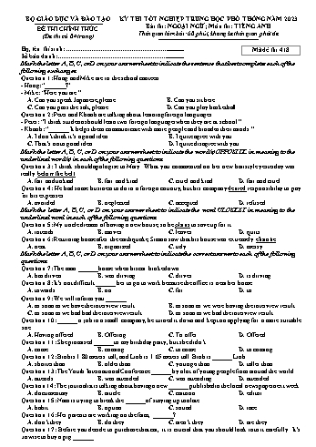 Đề thi Tốt nghiệp THPT môn Tiếng Anh năm 2023 - Mã đề 418 (Kèm đáp án)