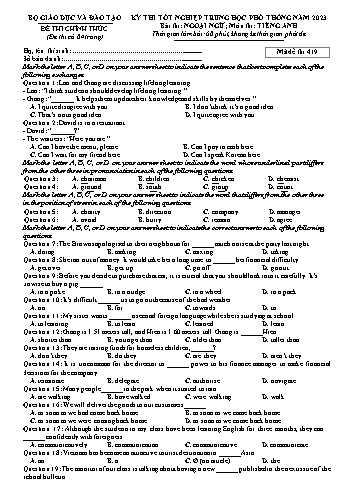 Đề thi Tốt nghiệp THPT môn Tiếng Anh năm 2023 - Mã đề 419 (Kèm đáp án)