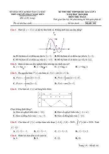 2 Đề thi thử THPT Quốc gia lần 1 môn Toán - Năm học 2019-2020 - Trường THPT chuyên Phan Ngọc Hiển (Có đáp án)