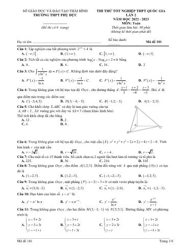 2 Đề thi thử THPT Quốc gia lần 2 môn Toán - Mã đề 101 - Năm học 2021-2022 - Trường THPT Phụ Dực (Có đáp án)