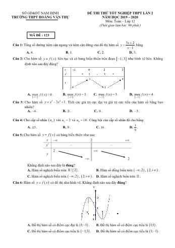2 Đề thi thử Tốt nghiệp THPT lần 2 môn Toán - Năm học 2019-2020 - Trường THPT Hoàng Văn Thụ (Có đáp án)