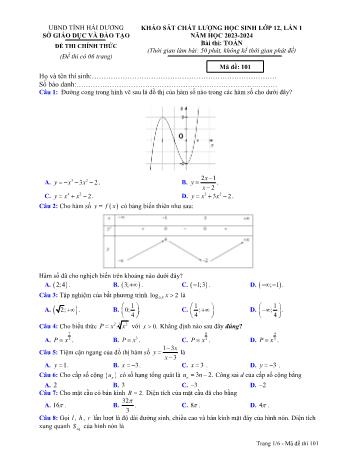4 Đề khảo sát chất lượng học sinh lần 1 môn Toán Lớp 12 - Năm học 2023-2024 - Sở GD và ĐT Hải Dương (Có đáp án)