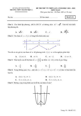 4 Đề thi thử Tốt nghiệp THPT lần 4 môn Toán - Năm học 2021-2022 - Trường THPT Thanh Miện 2 (Có đáp án)