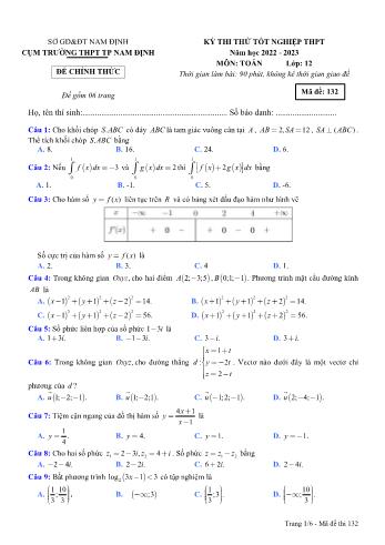 4 Đề thi thử Tốt nghiệp THPT môn Toán - Mã đề 132 - Năm học 2022-2023 - Cụm trường THPT Thành phố Nam Định (Có đáp án)
