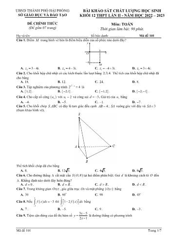 Đề khảo sát chất lượng học sinh lần 2 môn Toán Lớp 12 - Mã đề 101 - Năm học 2022-2023 - Sở GD và ĐT Hải Phòng (Có đáp án)