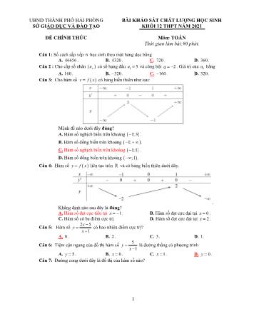 Đề khảo sát chất lượng học sinh môn Toán Lớp 12 năm 2021 - Sở GD và ĐT Hải Phòng (Có đáp án)