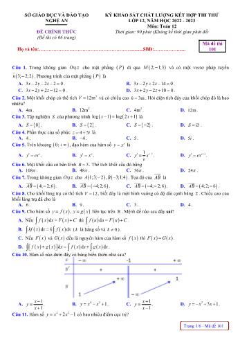 Đề khảo sát chất lượng kết hợp thi thử Đại học môn Toán Lớp 12 - Mã đề 101 - Năm học 2022-2023 - Sở GD và ĐT Nghệ An (Có đáp án)