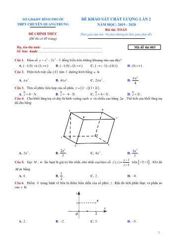 Đề khảo sát chất lượng lần 2 môn Toán Lớp 12 - Mã đề 003 - Năm học 2019-2020 - Trường THPT chuyên Quang Trung (Có đáp án)