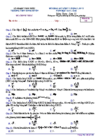 Đề khảo sát chất lượng lần 2 môn Toán Lớp 12 - Mã đề 101 - Năm học 2019-2020 - Trường THPT Bình Xuyên