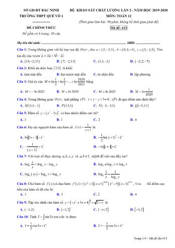Đề khảo sát chất lượng lần 2 môn Toán Lớp 12 - Mã đề 615 - Năm học 2019-2020 - Trường THPT Quế Võ 1