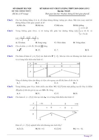 Đề khảo sát chất lượng lần 2 môn Toán Lớp 12 - Năm học 2019-2020 - Sở GD và ĐT Hà Nội (Có đáp án)