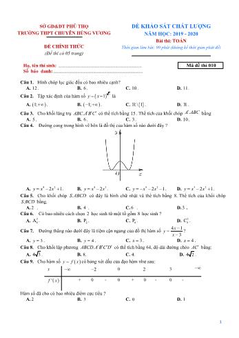 Đề khảo sát chất lượng môn Toán Lớp 12 - Mã đề 010 - Năm học 2019-2020 - Trường THPT chuyên Hùng Vương (Có đáp án)