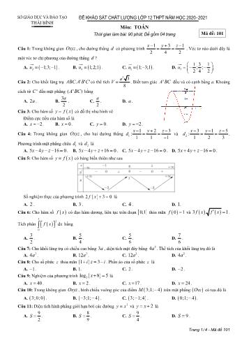 Đề khảo sát chất lượng môn Toán Lớp 12 - Mã đề 101 - Năm học 2020-2021 - Sở GD và ĐT Thái Bình (Có đáp án)