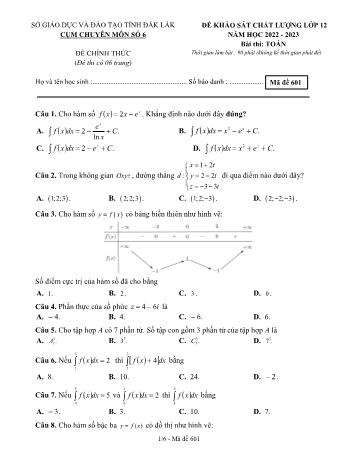 Đề khảo sát chất lượng môn Toán Lớp 12 - Mã đề 601 - Năm học 2022-2023 - Sở GD và ĐT Đắk Lắk (Có đáp án)