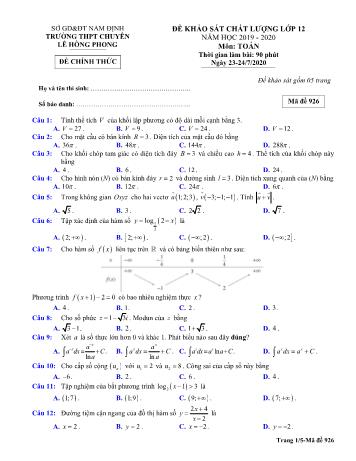 Đề khảo sát chất lượng môn Toán Lớp 12 - Mã đề 926 - Năm học 2019-2020 - Trường THPT chuyên Lê Hồng Phong