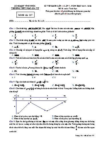 Đề khảo sát Chuyên đề lần 1 môn Toán Lớp 12 - Mã đề 137 - Năm học 2019-2020 - Trường THPT Ngô Gia Tự