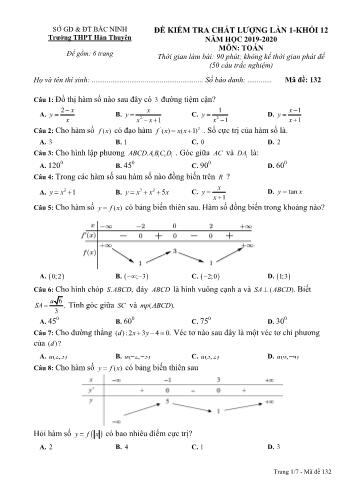 Đề kiểm tra chất lượng lần 1 môn Toán Lớp 12 - Mã đề 132 - Năm học 2019-2020 - Trường THPT Hàn Thuyên (Có đáp án)