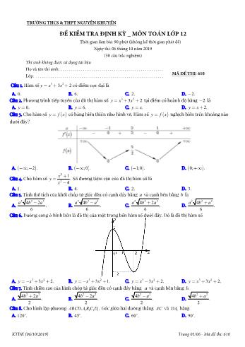 Đề kiểm tra định kì môn Toán Lớp 12 - Mã đề 610 - Năm học 2019-2020 - Trường THCS và THPT Nguyễn Khuyến (Có đáp án)