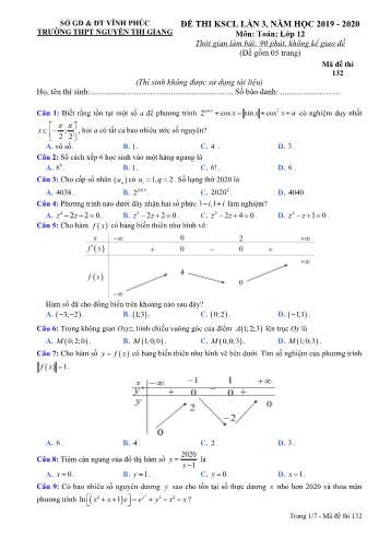 Đề kiểm tra khảo sát chất lượng lần 3 môn Toán Lớp 12 - Mã đề 132 - Năm học 2019-2020 - Trường THPT Nguyễn Thị Giang (Có đáp án)