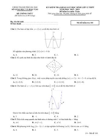 Đề kiểm tra khảo sát học sinh môn Toán Lớp 12 năm 2023 - Mã đề 101 - Sở GD và ĐT Hà Nội (Có đáp án)