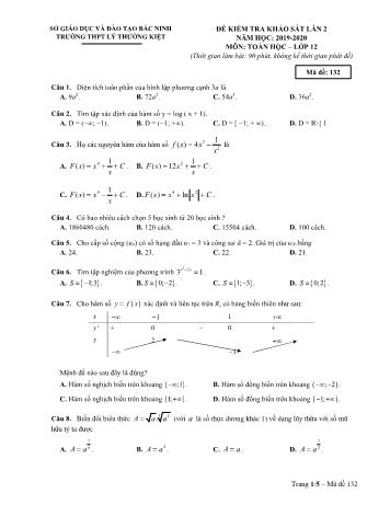 Đề kiểm tra khảo sát lần 2 môn Toán Lớp 12 - Mã đề 132 - Năm học 2019-2020 - Trường THPT Lý Thường Kiệt (Có đáp án)