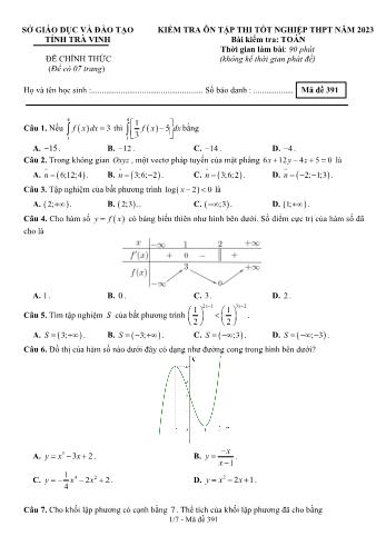 Đề ôn thi Tốt nghiệp THPT môn Toán năm 2023 - Mã đề 391 - Sở GD và ĐT Trà Vinh (Có đáp án)