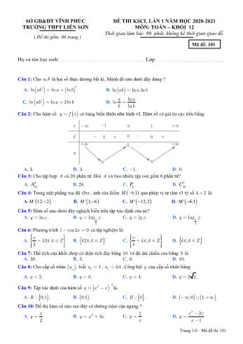Đề thi khảo sát chất lượng lần 1 môn Toán Lớp 12 - Mã đề 101 - Năm học 2020-2021 - Trường THPT Liễn Sơn (Có đáp án)