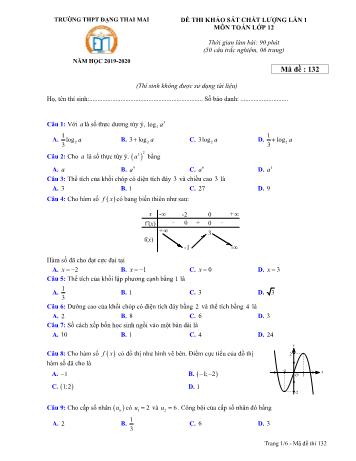 Đề thi khảo sát chất lượng lần 1 môn Toán Lớp 12 - Mã đề 132 - Năm học 2019-2020 - Trường THPT Đặng Thai Mai (Có đáp án)